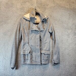 Body Central Jacket Womens Medium Gray Hooded Double Breasted Coat Style Buttons